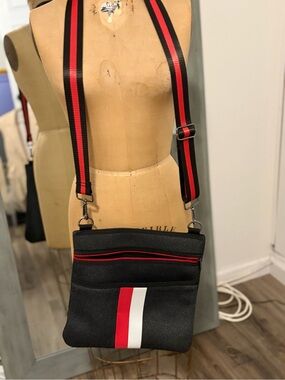 HAUTE SHORE Black Crossbody with Red & White Center Stripe